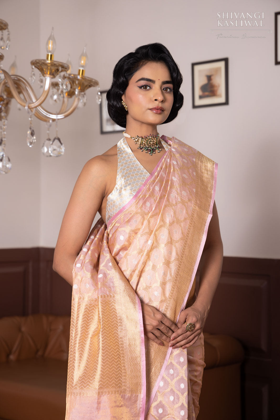 Baby Pink Handwoven Banarasi Tissue Silk Saree