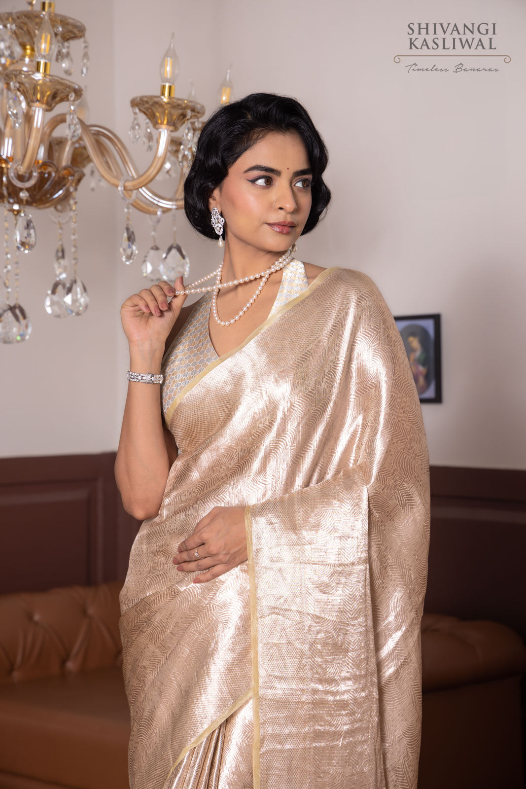 Beige Handwoven Banarasi Tissue Silk Saree