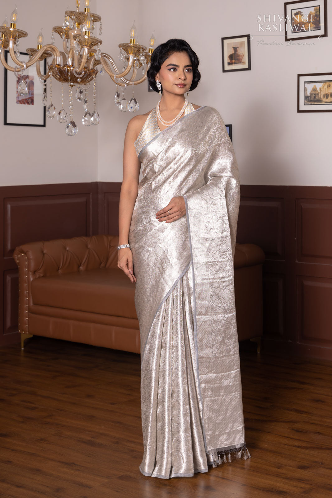 Grey Handwoven Banarasi Tissue Silk Saree