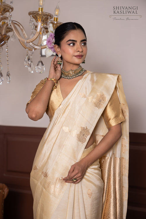 Creme Handwoven Banarasi Pure Silk Saree