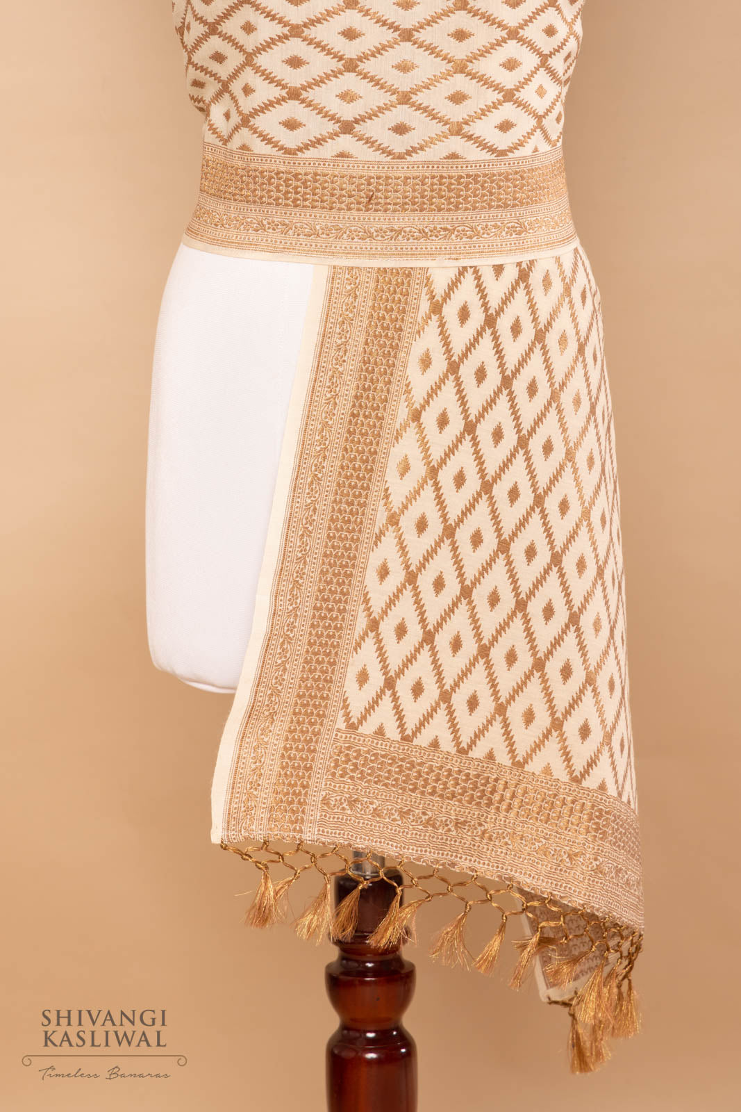 Beige Handwoven Banarasi Moonga Stole