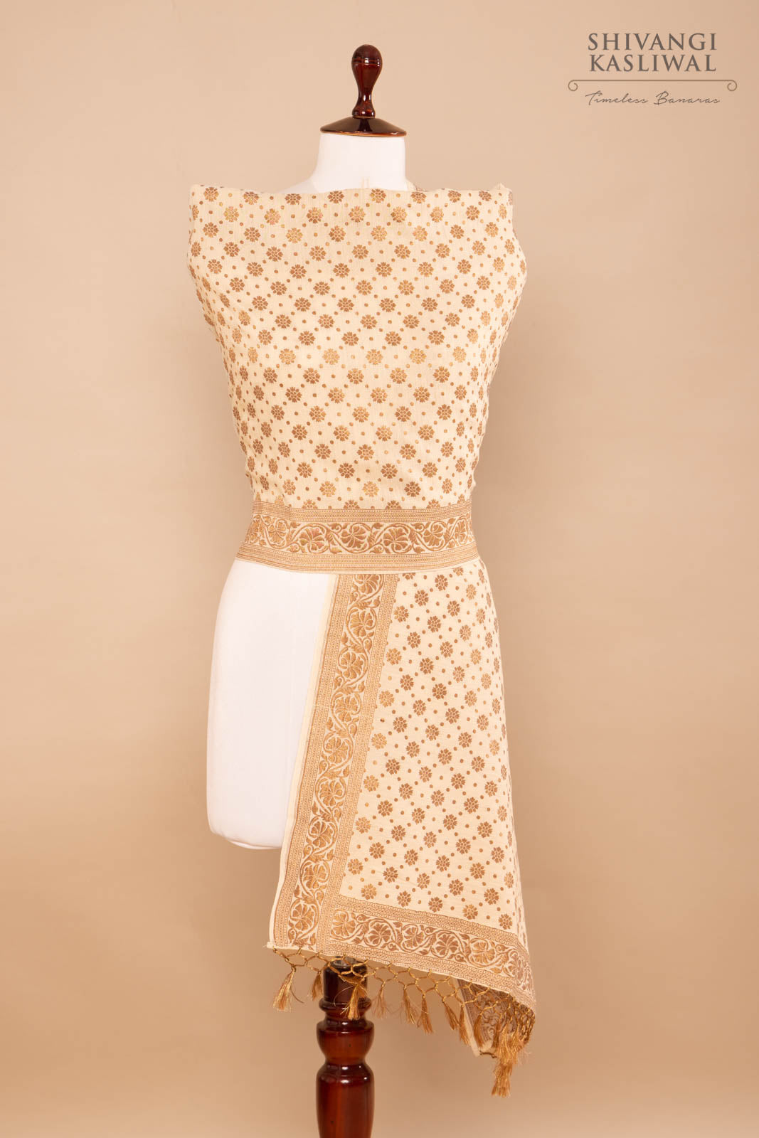 Beige Handwoven Banarasi Moonga Stole