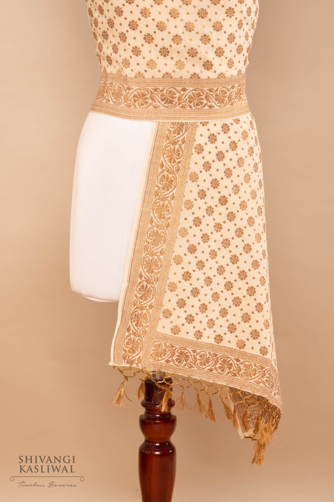 Beige Handwoven Banarasi Moonga Stole