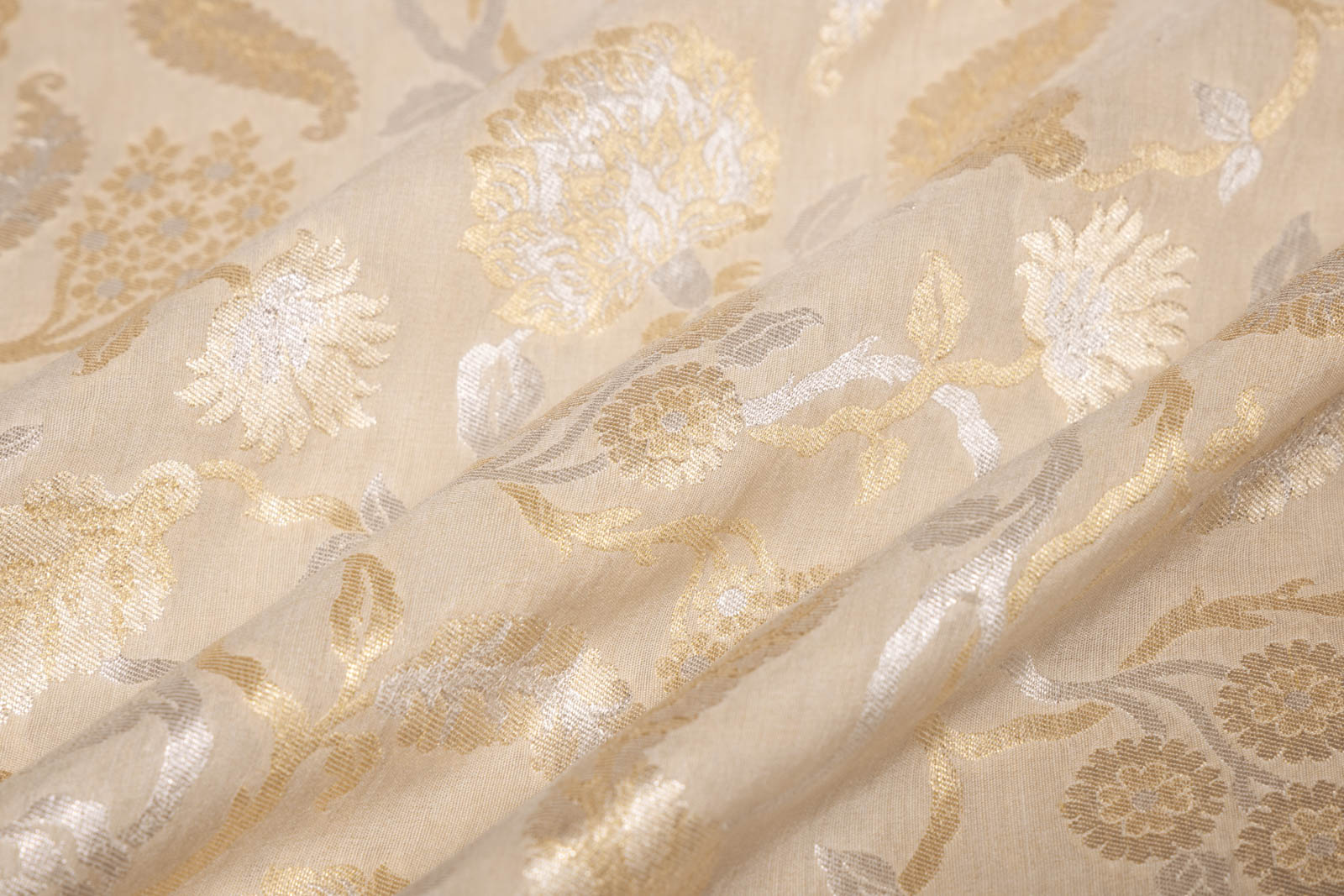 Beige Handwoven Banarasi Moonga Silk Fabric