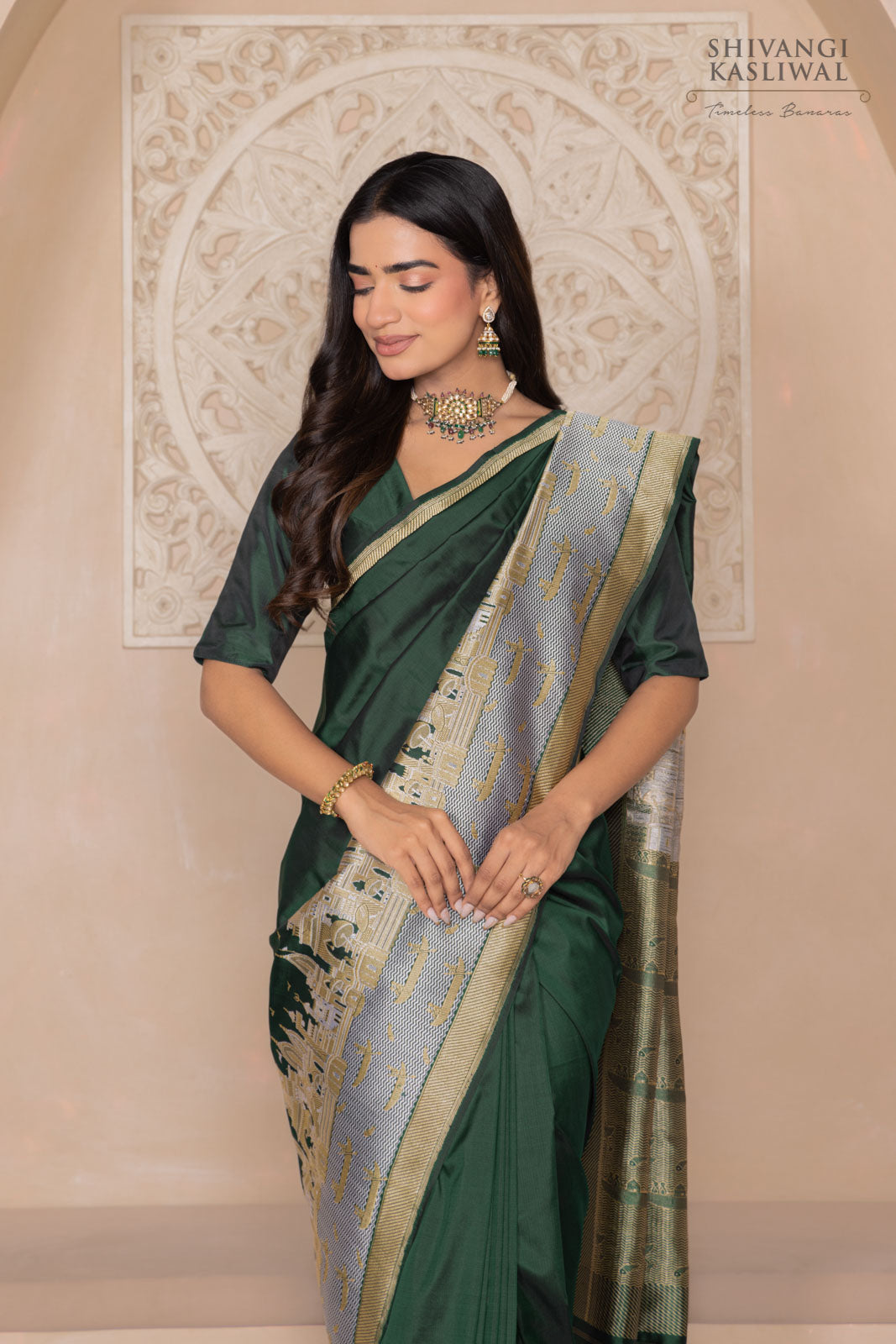 Bottle Green Handwoven Banarasi Silk Saree