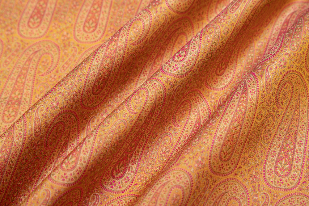 Mustard Yellow Handwoven Banarasi Tanchoi Silk Fabric