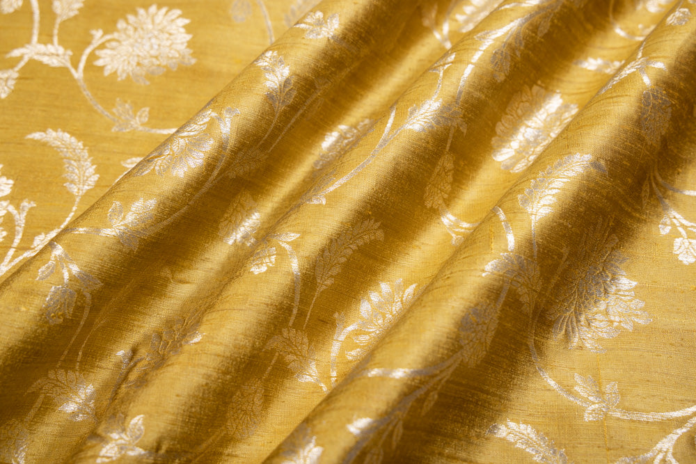 Yellowish Green Handwoven Banarasi Raw Silk Fabric