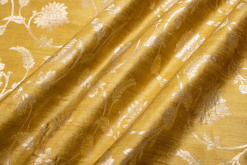 Yellowish Green Handwoven Banarasi Raw Silk Fabric