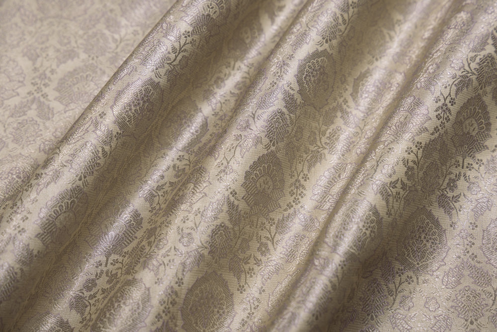 Beige Handwoven Banarasi Satin Tissue Fabric