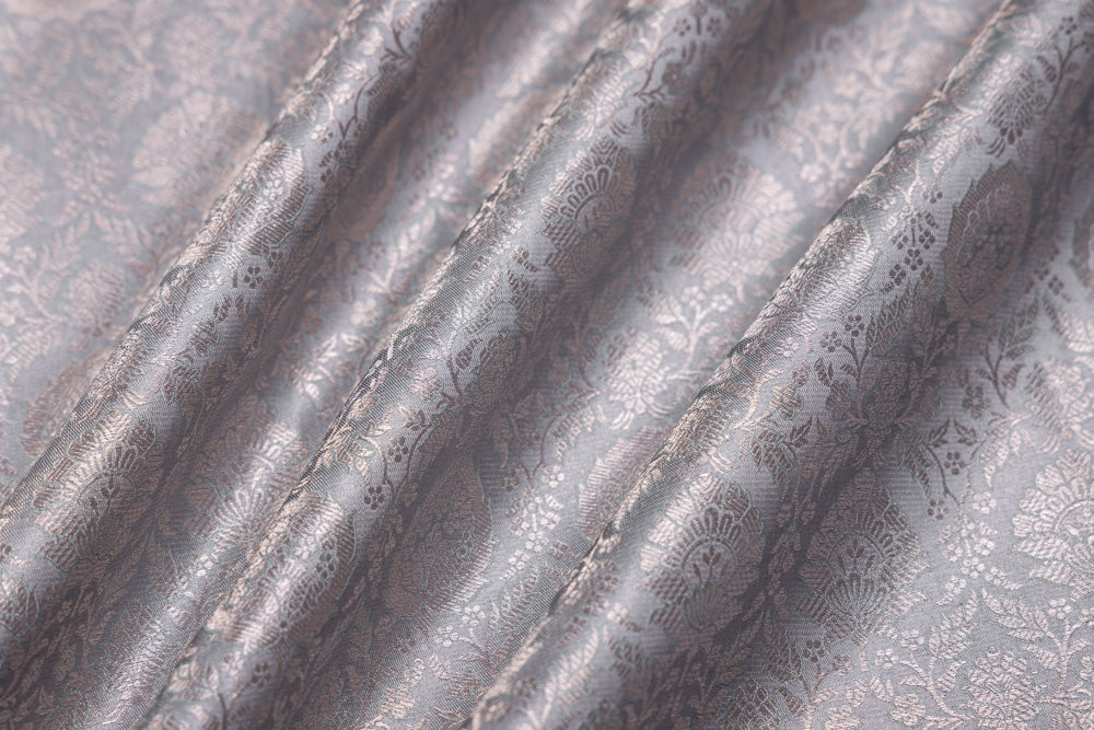 Grey Handwoven Banarasi Satin Tissue Fabric