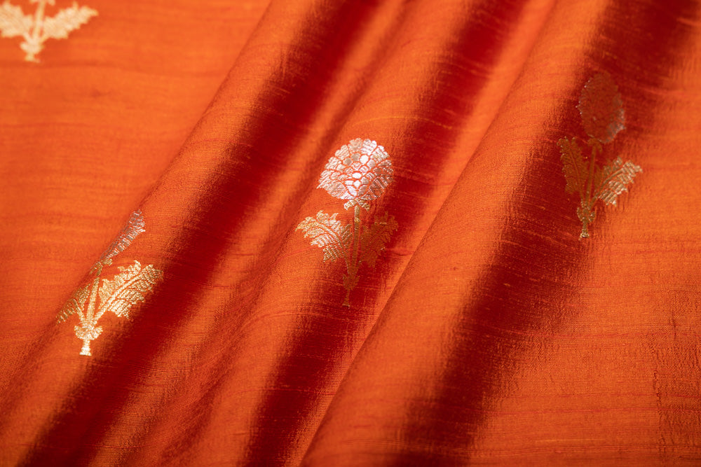 Rust Orange Handwoven Banarasi Raw Silk Fabric