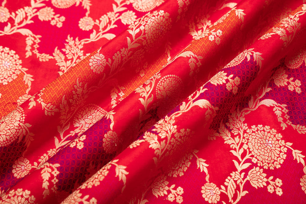 Red Multicolor Handwoven Banarasi Silk Fabric