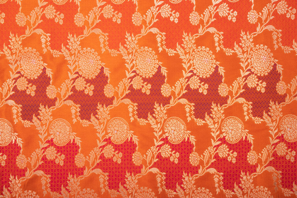 Orange Multicolor Handwoven Banarasi Silk Fabric