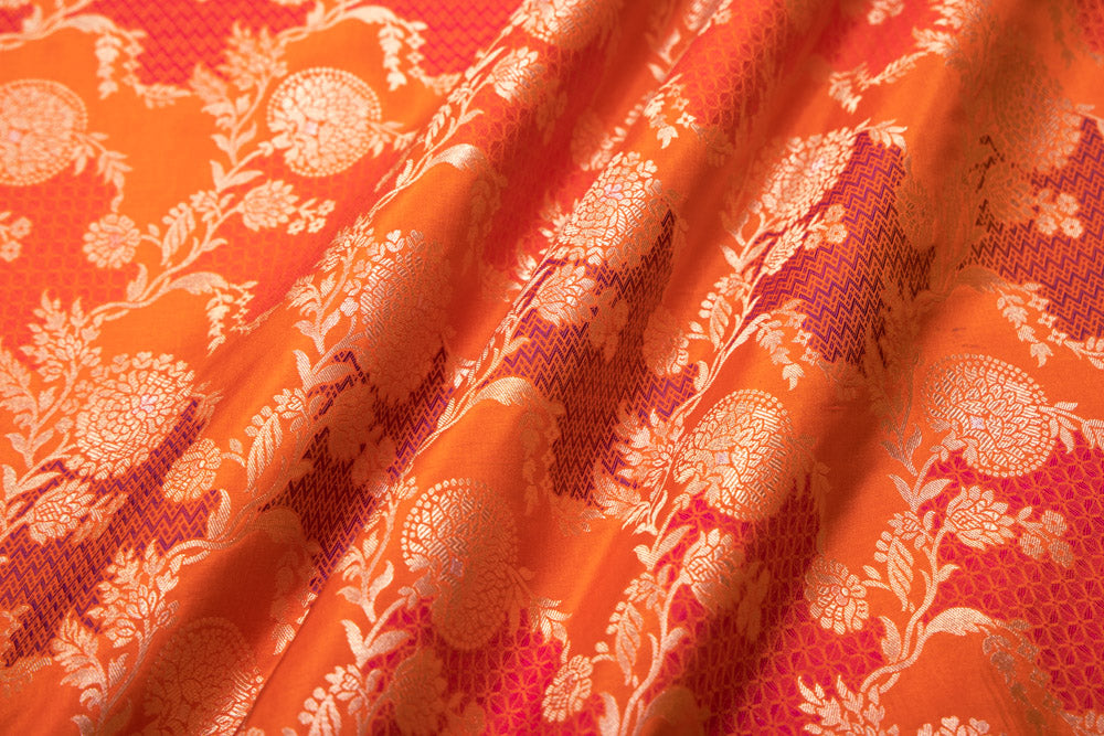 Orange Multicolor Handwoven Banarasi Silk Fabric