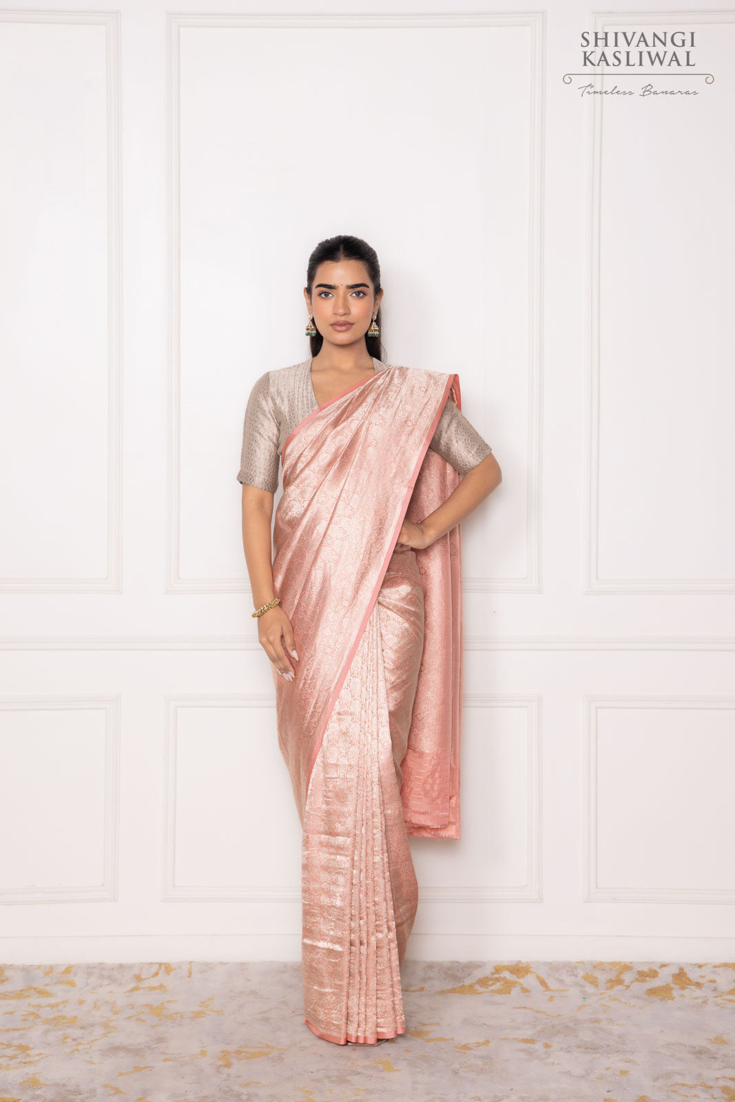 Peach Pink Handwoven Banarasi Silk Saree