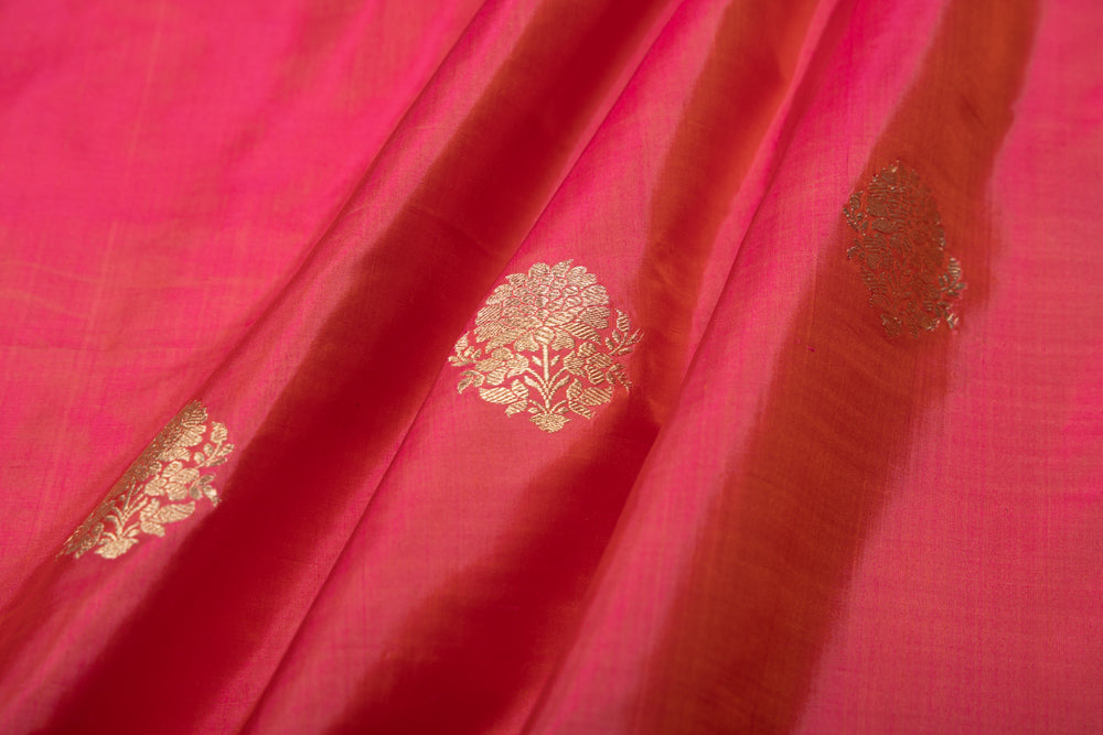 Orange Pink Handwoven Banarasi Silk Fabric