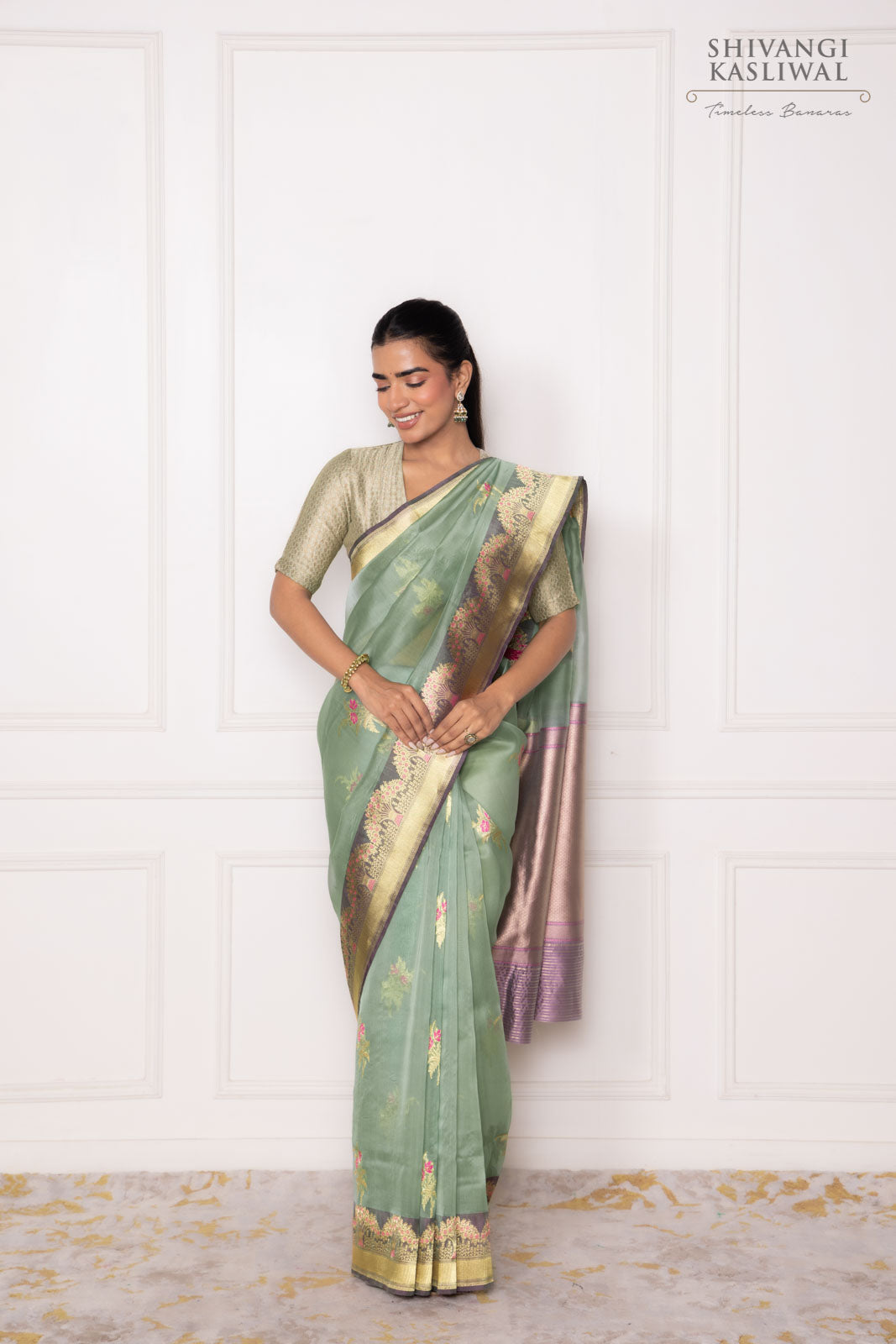 Tiffany Blue Handwoven Banarasi Kadhua Organza Silk Saree