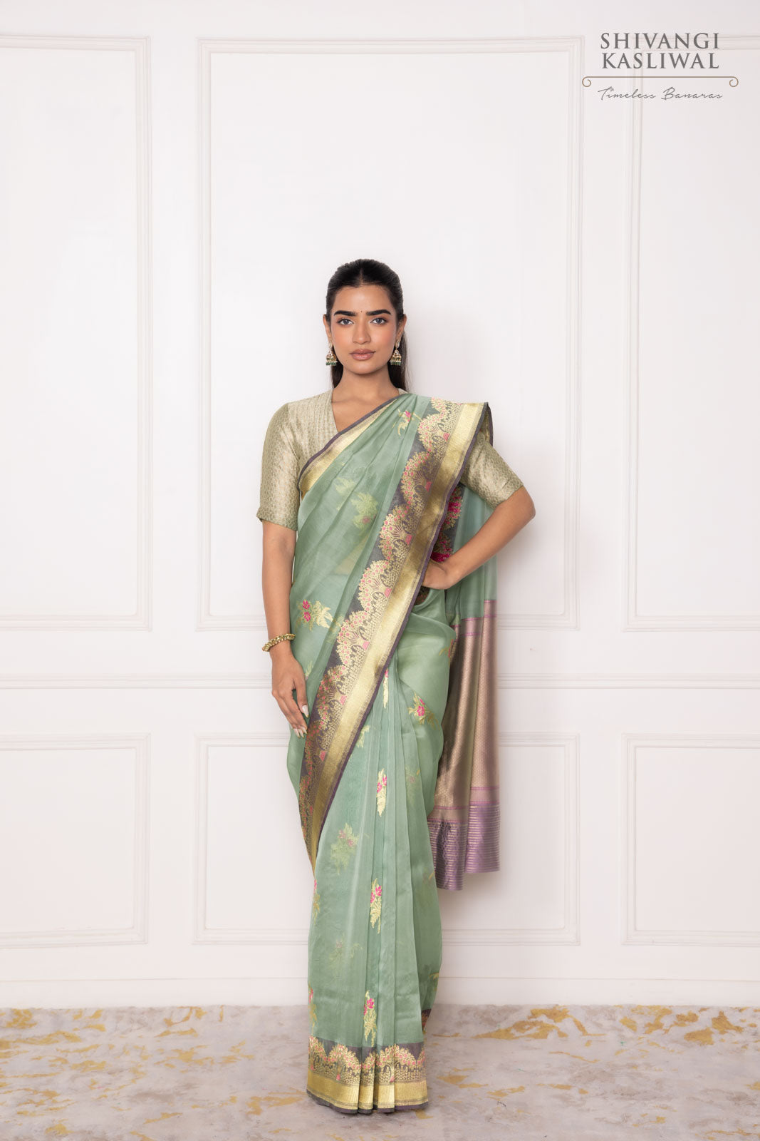 Tiffany Blue Handwoven Banarasi Kadhua Organza Silk Saree