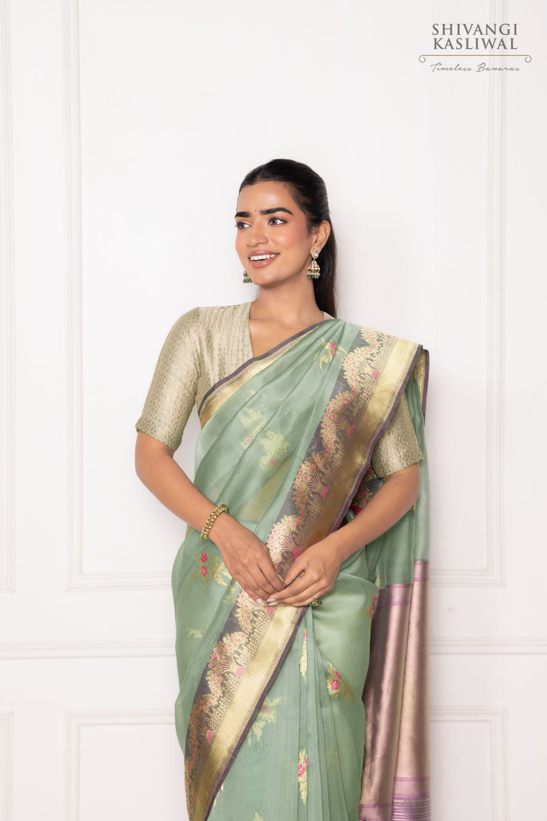 Tiffany Blue Handwoven Banarasi Kadhua Organza Silk Saree