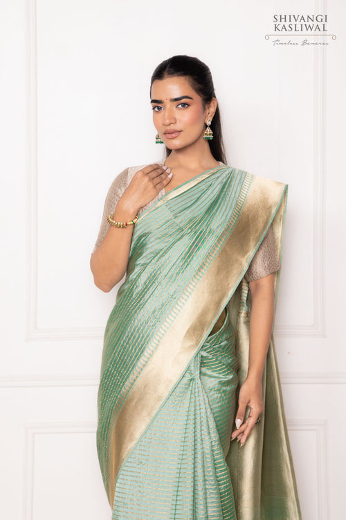 Pista Green Handwoven Banarasi Kadhua Silk Saree