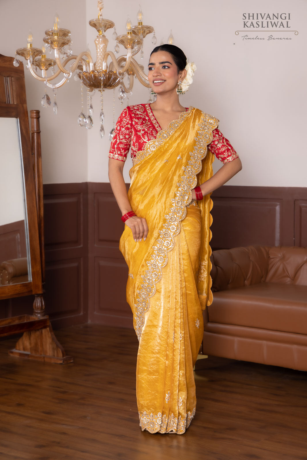 Mustard Yellow Tissue Silk Saree With Hand Embroidery