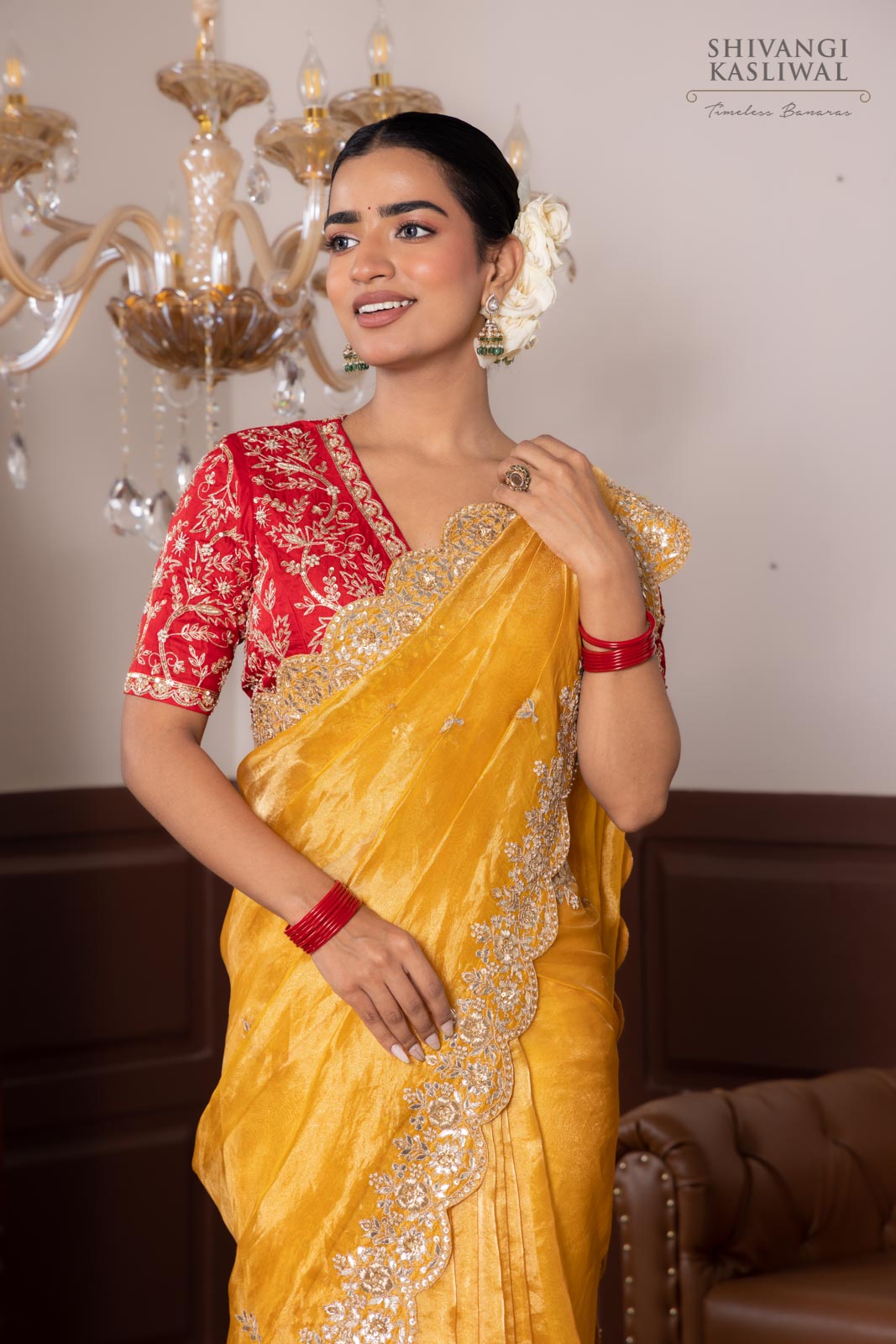 Mustard Yellow Tissue Silk Saree With Hand Embroidery
