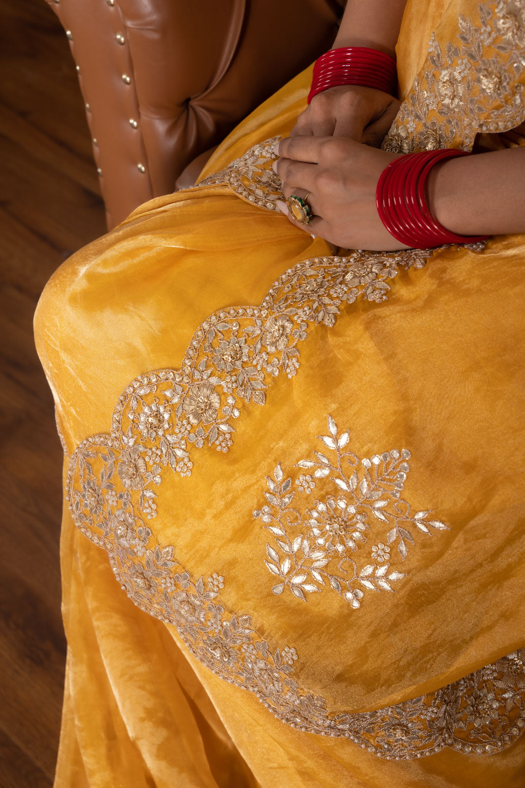 Mustard Yellow Tissue Silk Saree With Hand Embroidery