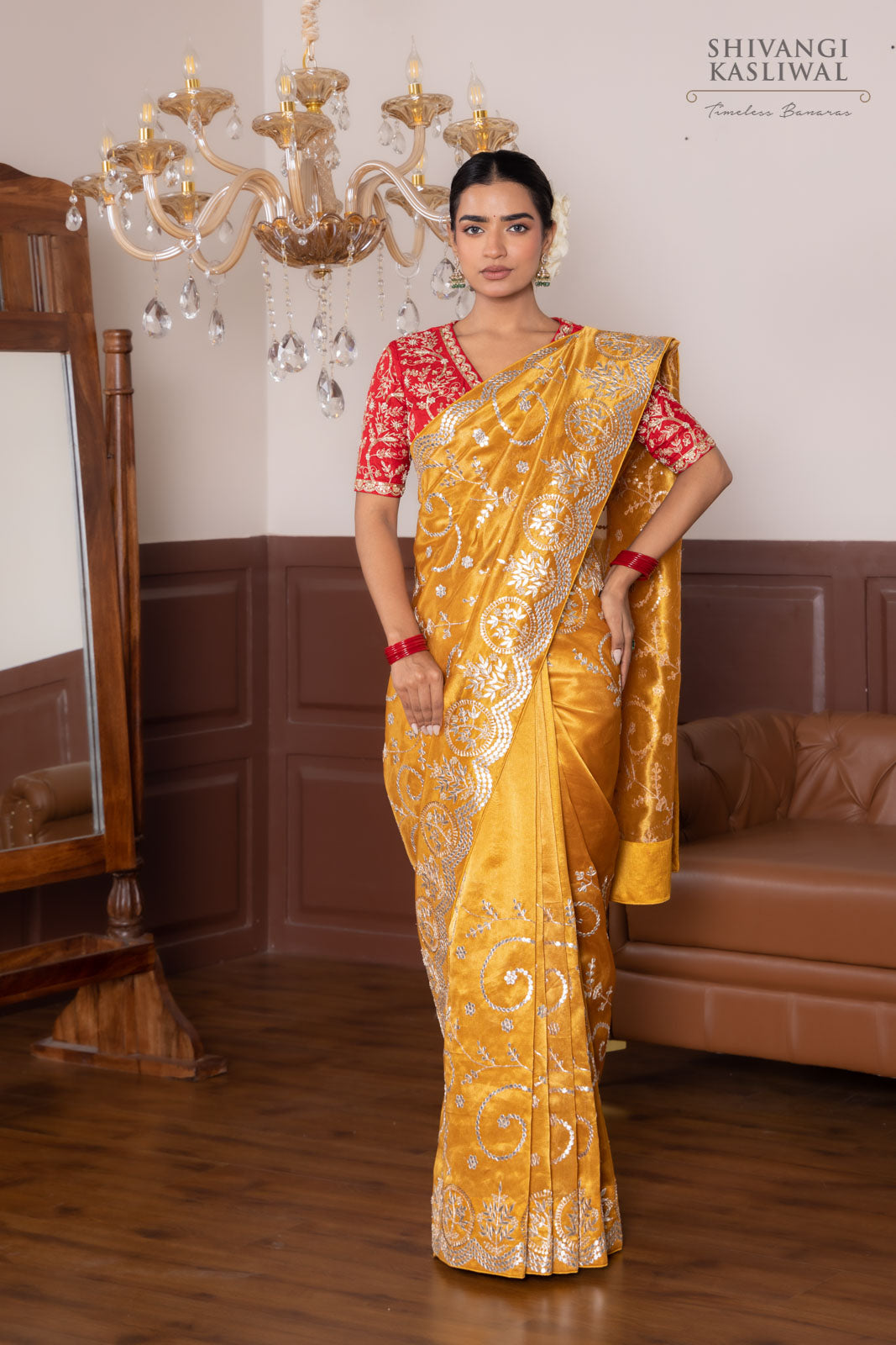Mustard Yellow Tissue Silk Saree with Gota Patti Jaal