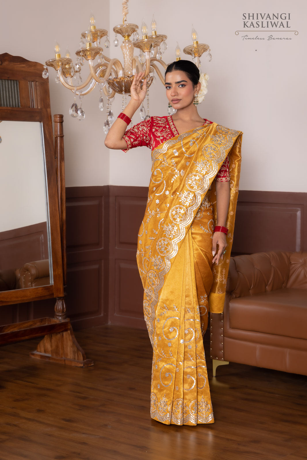 Mustard Yellow Tissue Silk Saree with Gota Patti Jaal