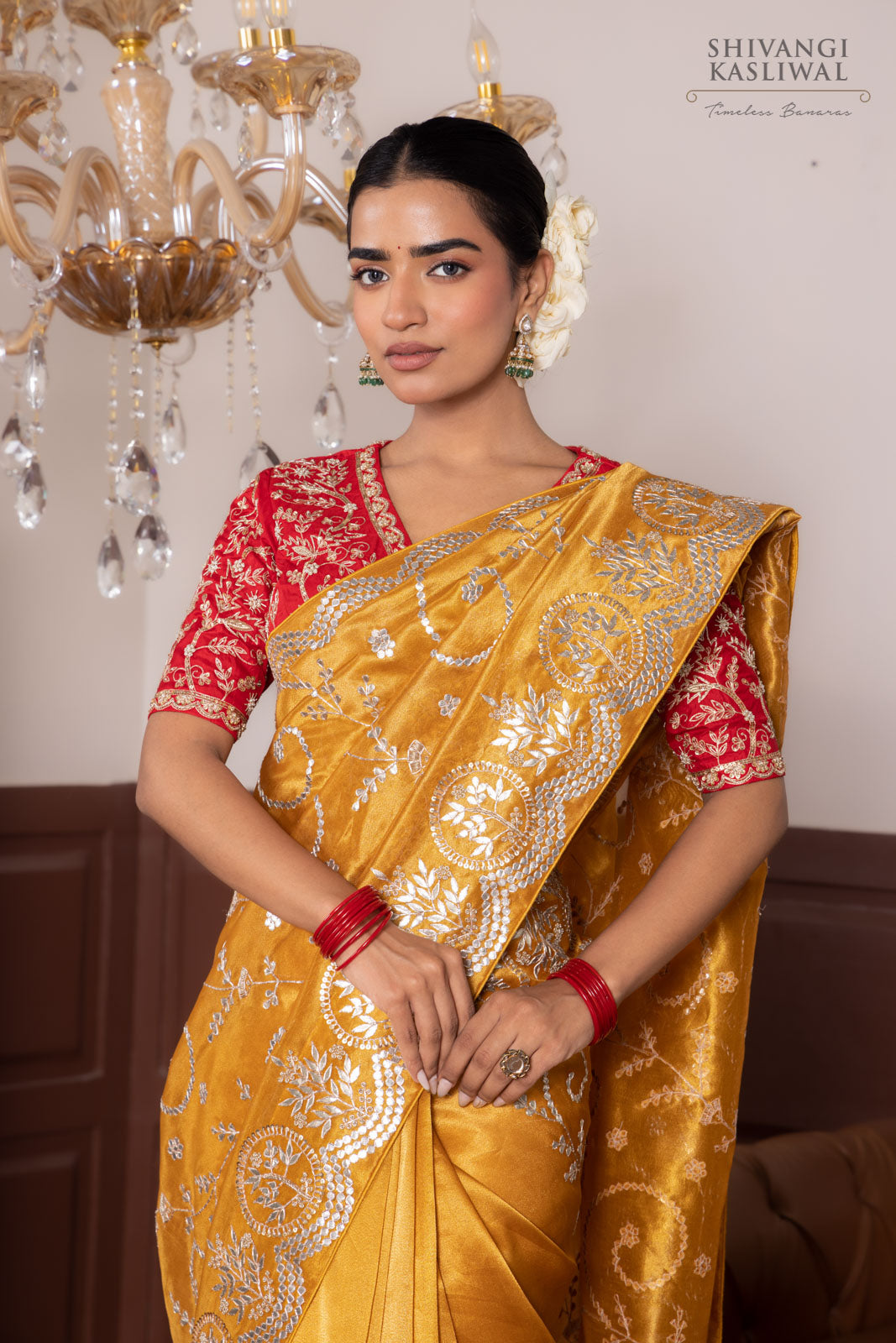 Mustard Yellow Tissue Silk Saree with Gota Patti Jaal