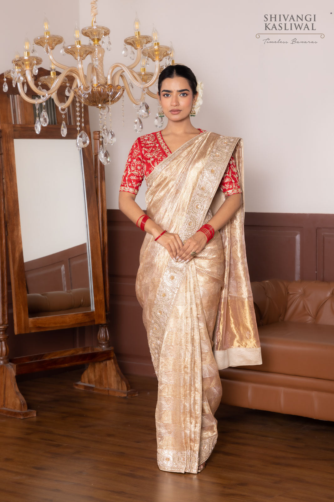 Beige Handwoven Banarasi Tissue Silk Saree With Hand Embroidery