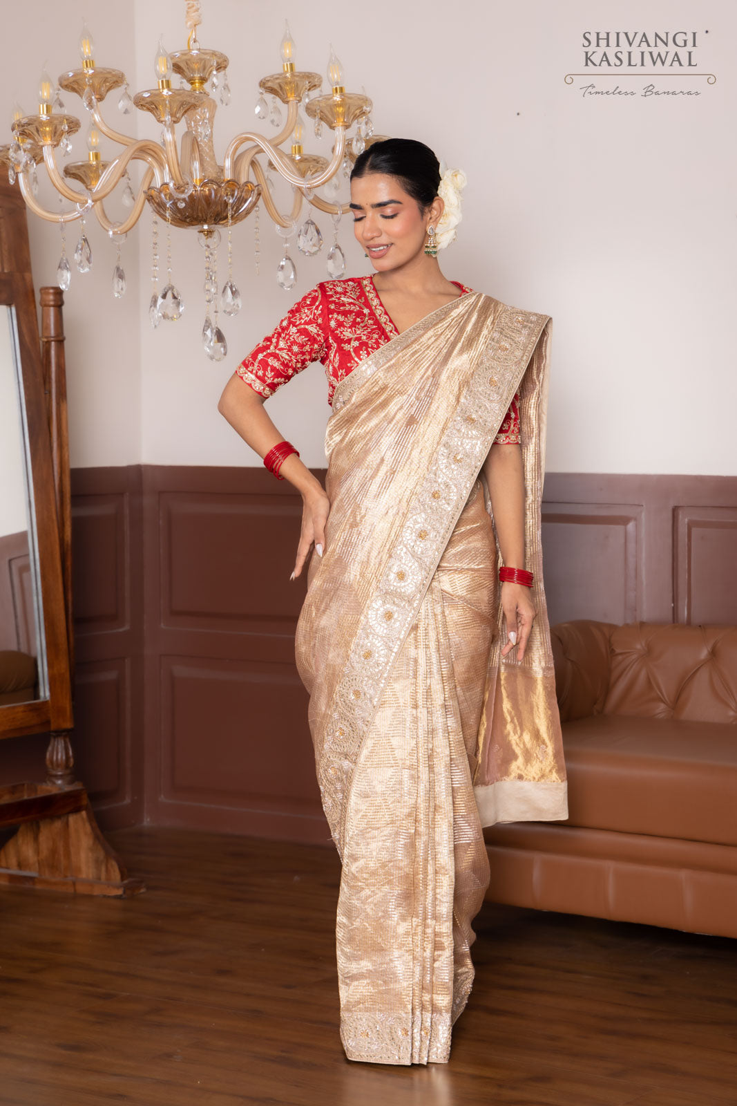 Beige Handwoven Banarasi Tissue Silk Saree With Hand Embroidery