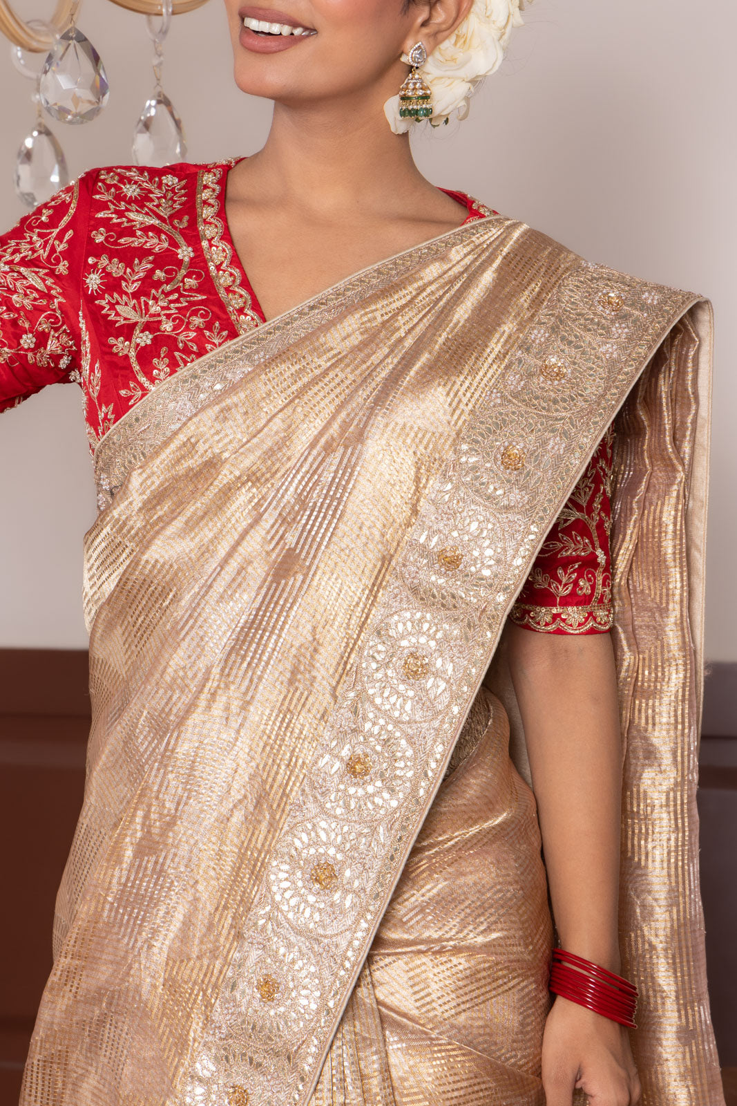 Beige Handwoven Banarasi Tissue Silk Saree With Hand Embroidery