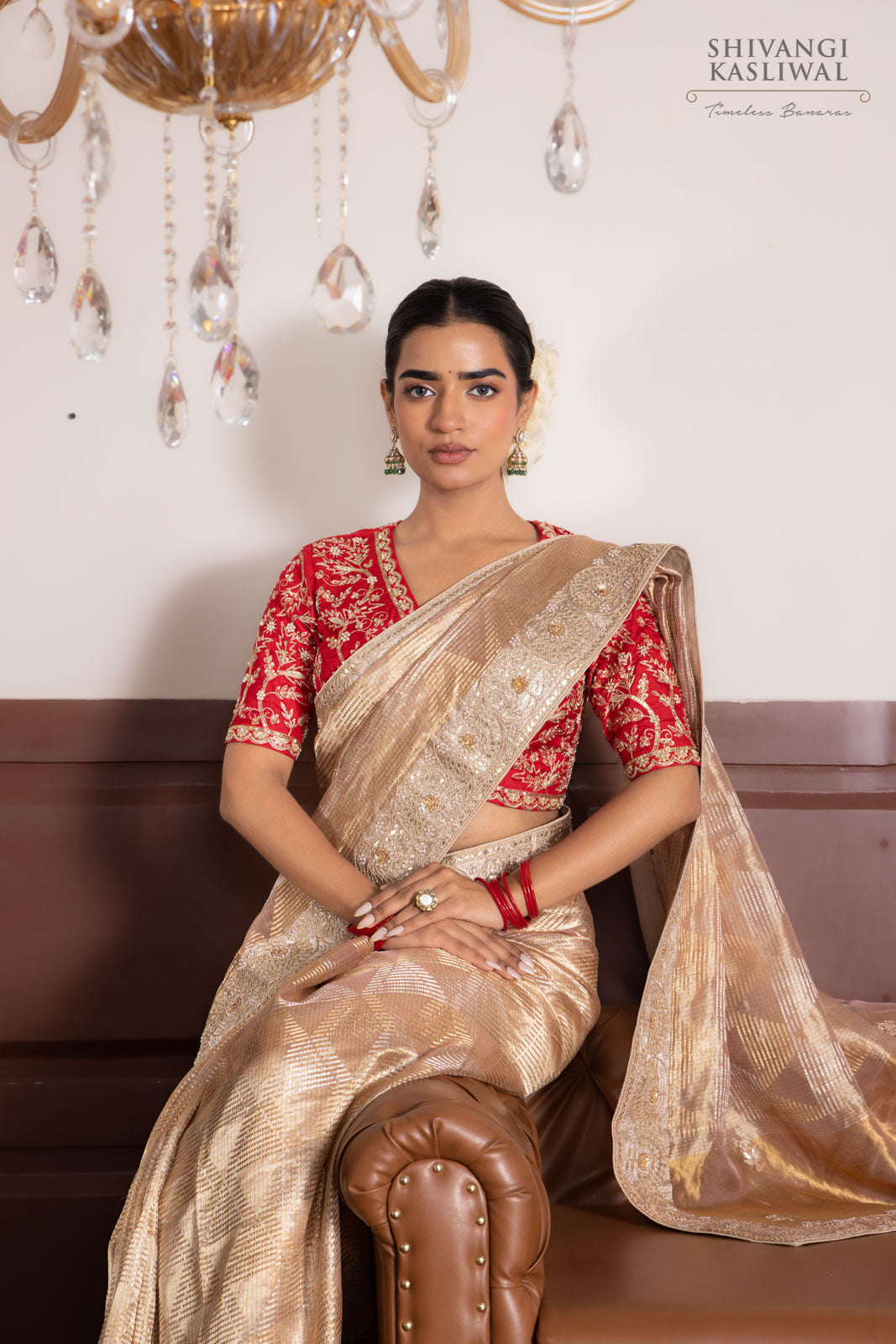 Beige Handwoven Banarasi Tissue Silk Saree With Hand Embroidery