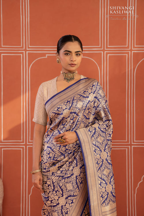 Navy Blue Handwoven Banarasi Silk Saree