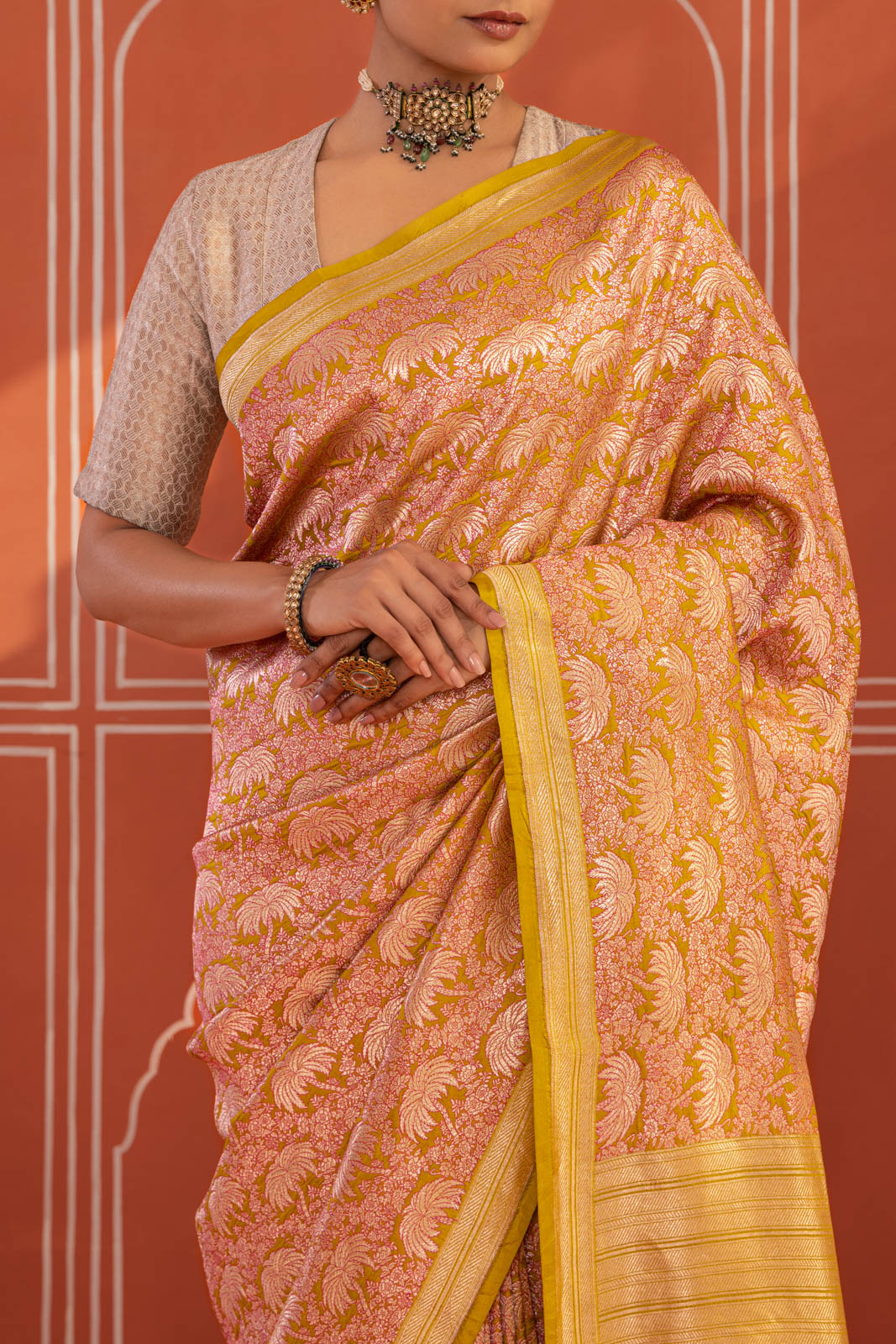 Greenish Yellow Handwoven Banarasi Silk Saree
