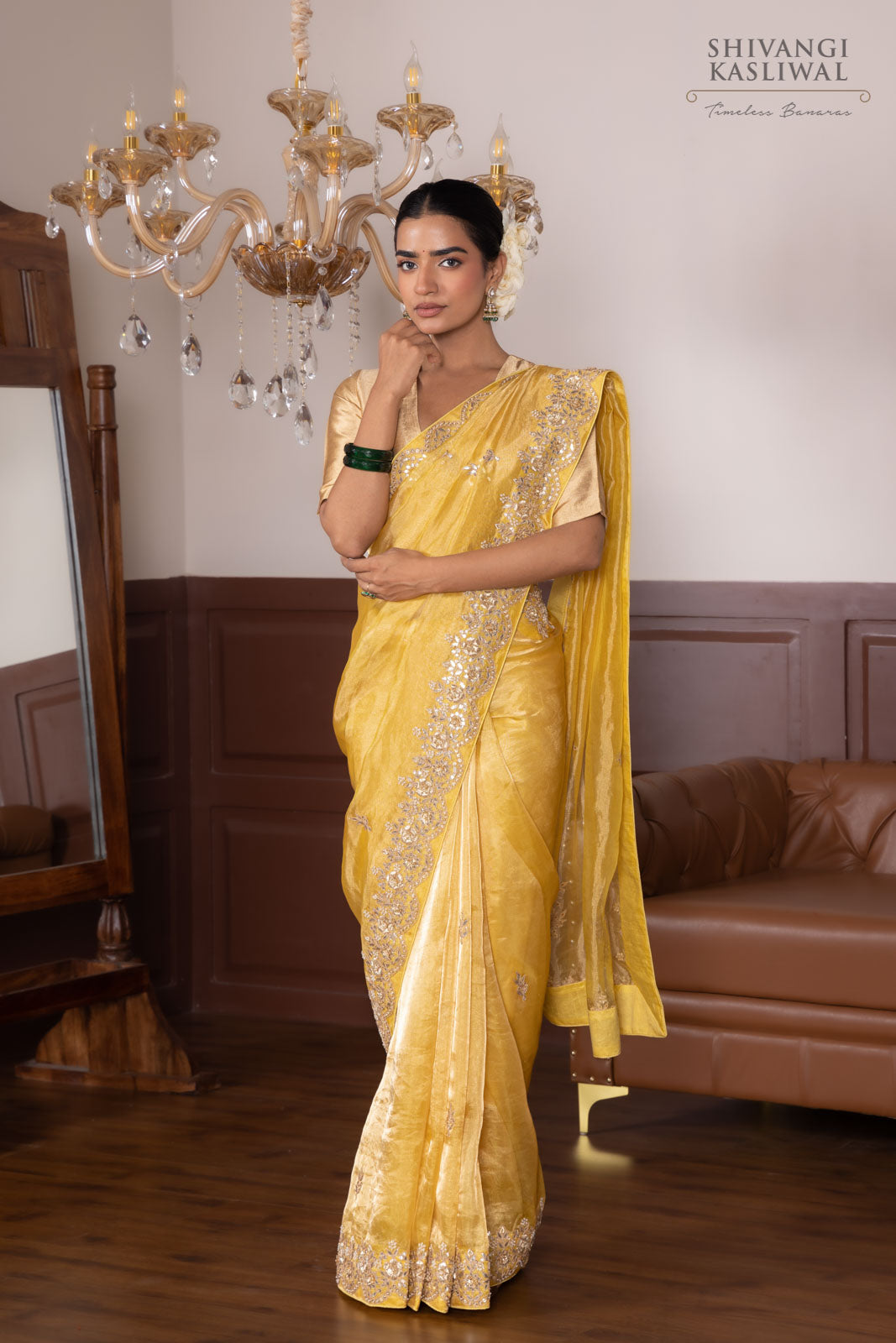 Yellow Tissue Silk Saree With Hand Embroidery