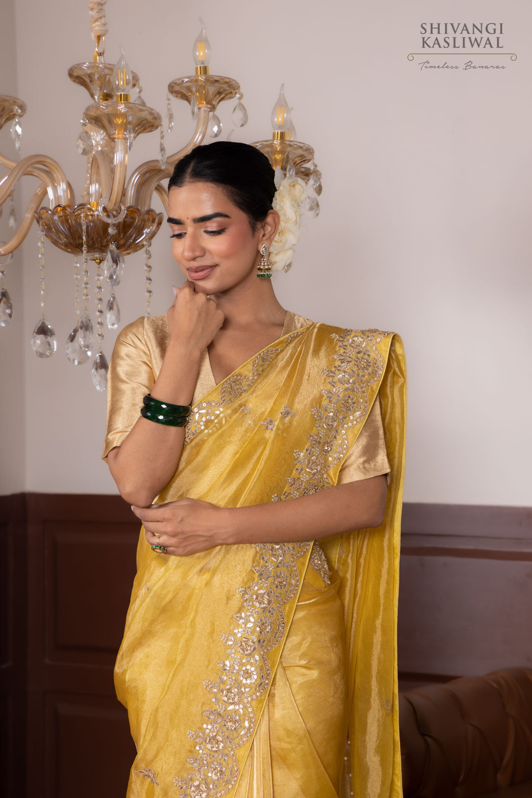 Yellow Tissue Silk Saree With Hand Embroidery