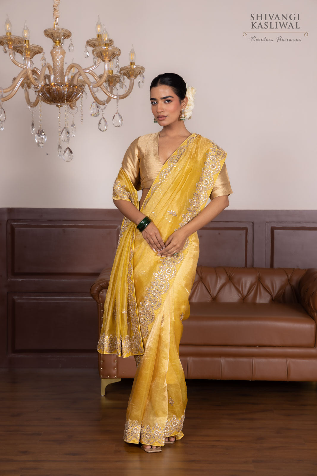 Yellow Tissue Silk Saree With Hand Embroidery