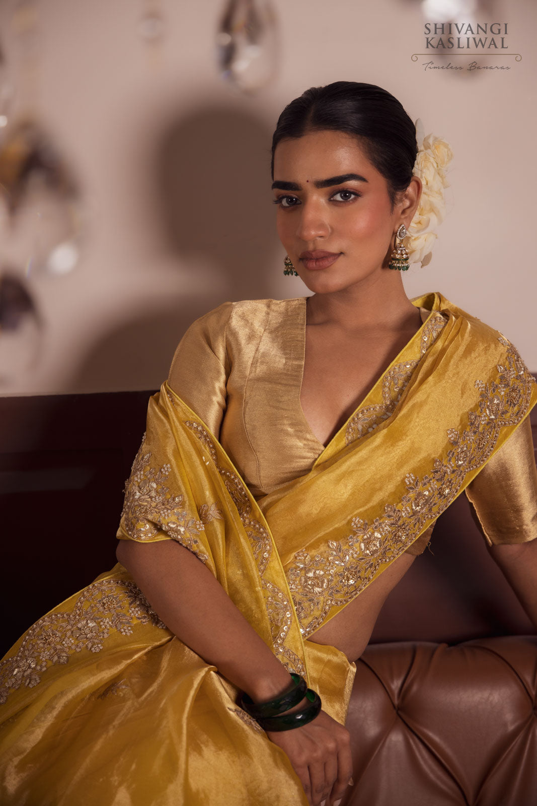 Yellow Tissue Silk Saree With Hand Embroidery
