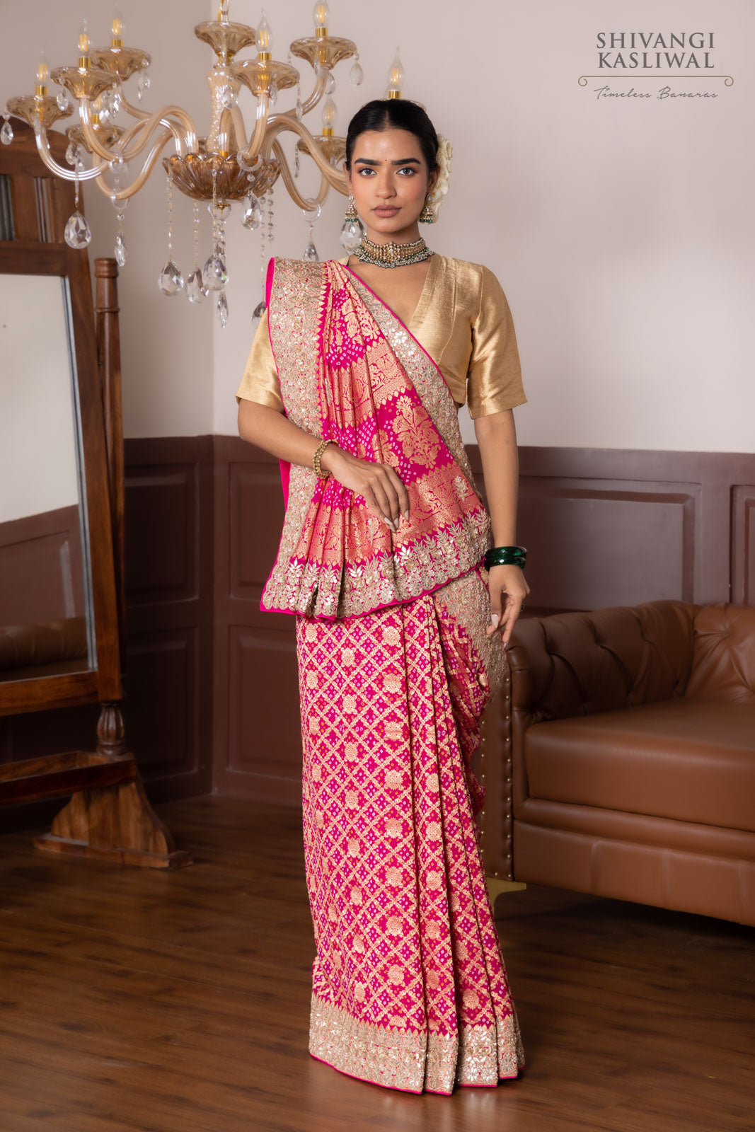 Pink Banarasi Georgette Bandhani Saree With Hand Embroidery