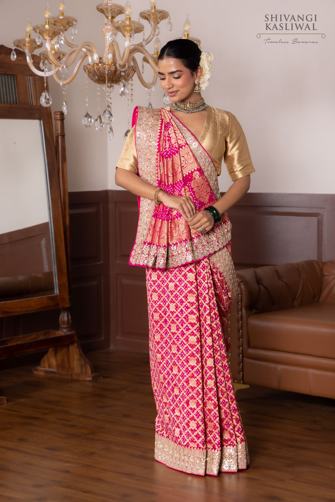 Pink Banarasi Georgette Bandhani Saree With Hand Embroidery