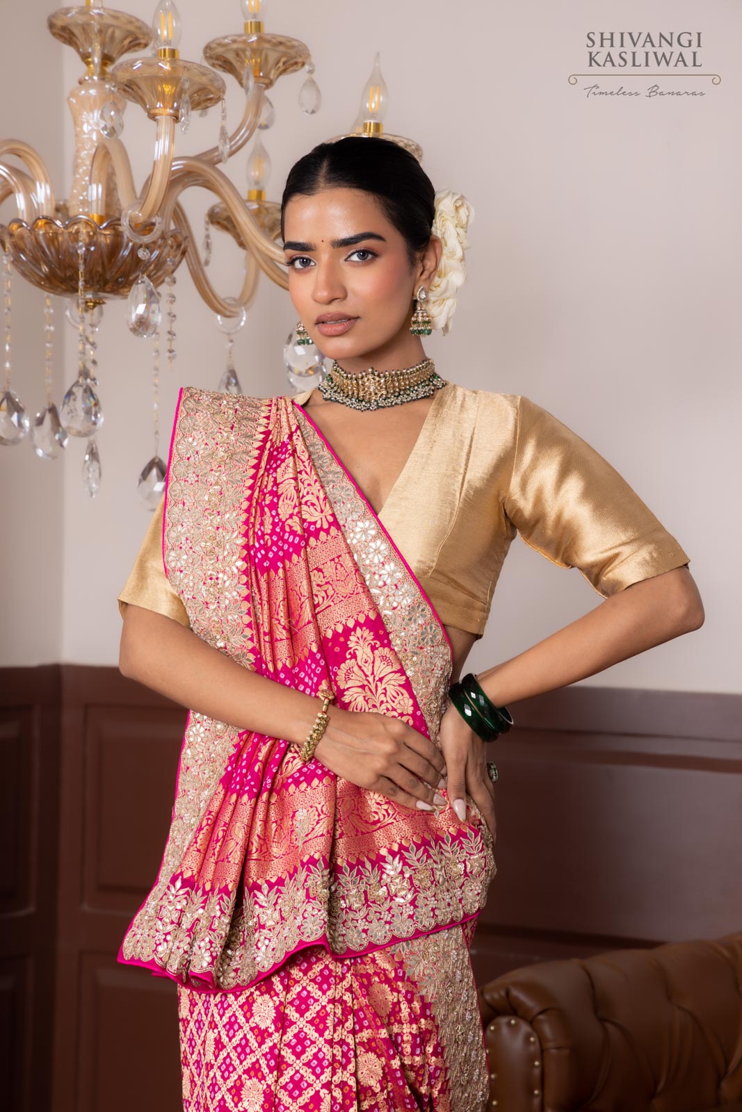 Pink Banarasi Georgette Bandhani Saree With Hand Embroidery