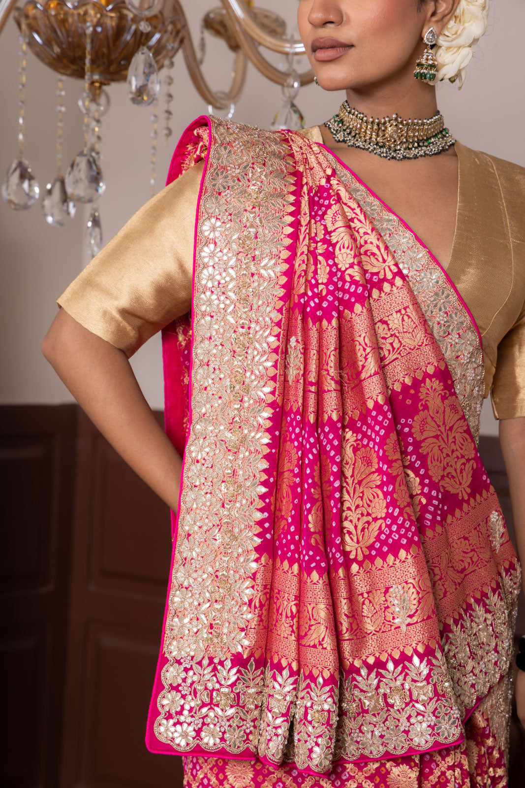 Pink Banarasi Georgette Bandhani Saree With Hand Embroidery