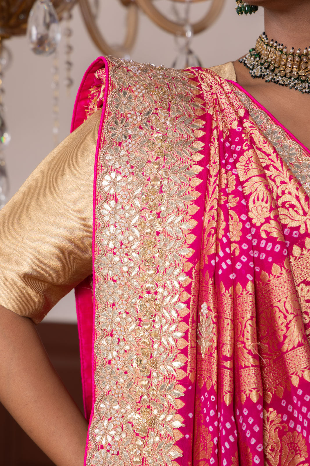 Pink Banarasi Georgette Bandhani Saree With Hand Embroidery