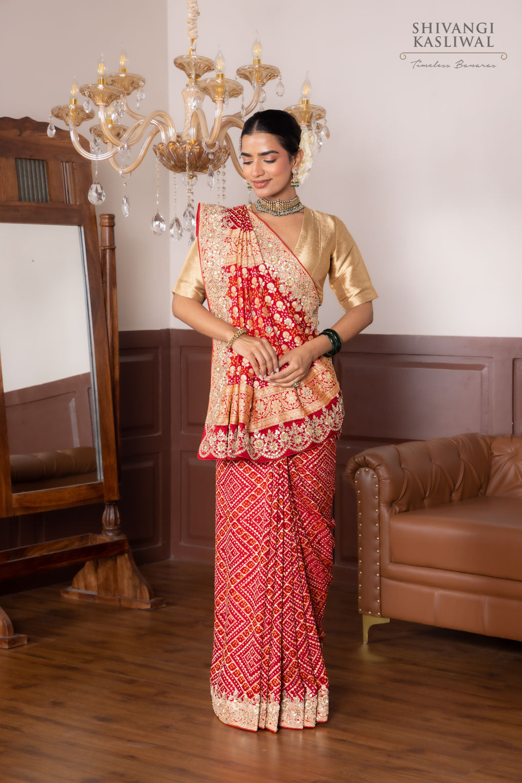 Red Banarasi Georgette Bandhani Saree With Hand Embroidery