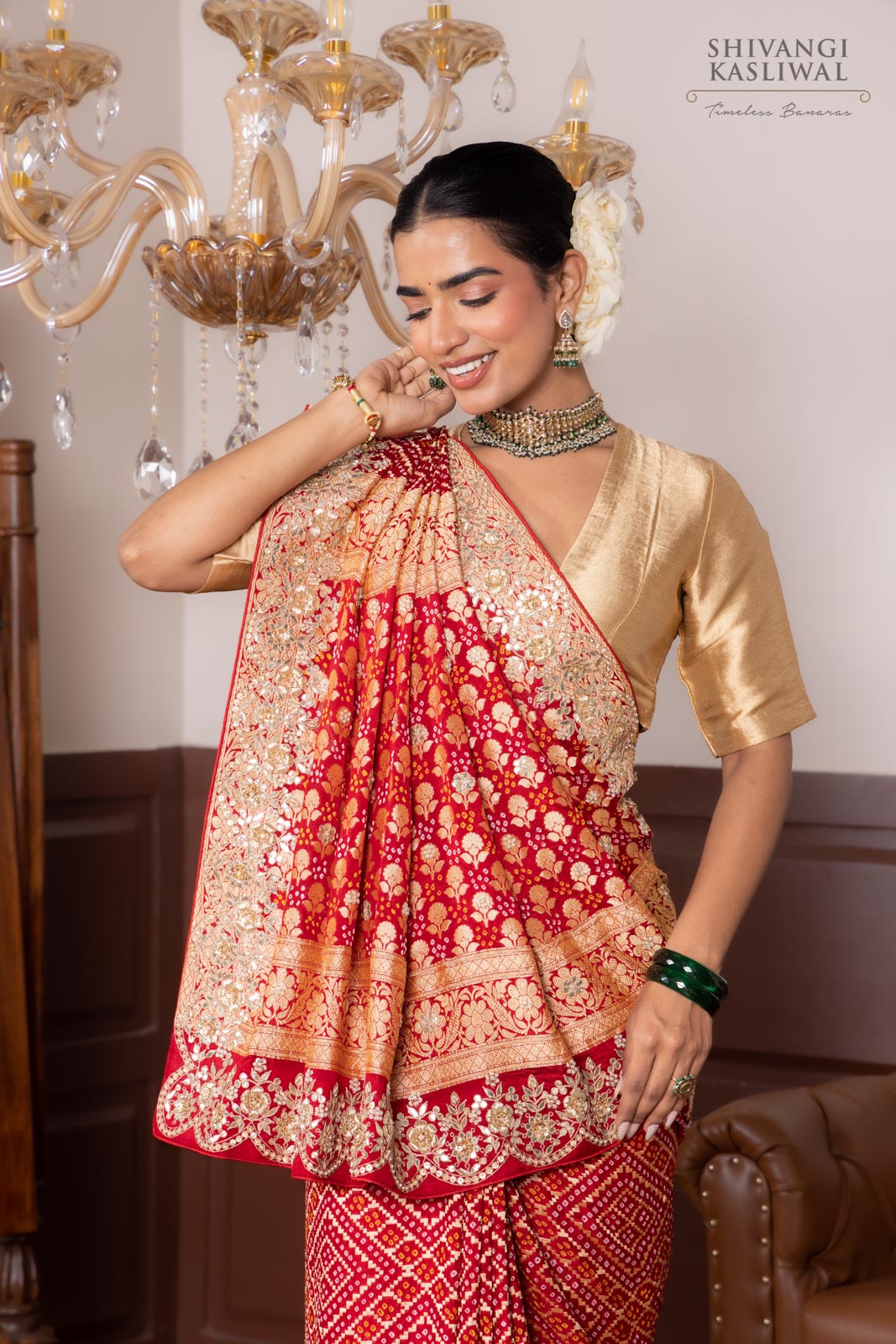 Red Banarasi Georgette Bandhani Saree With Hand Embroidery