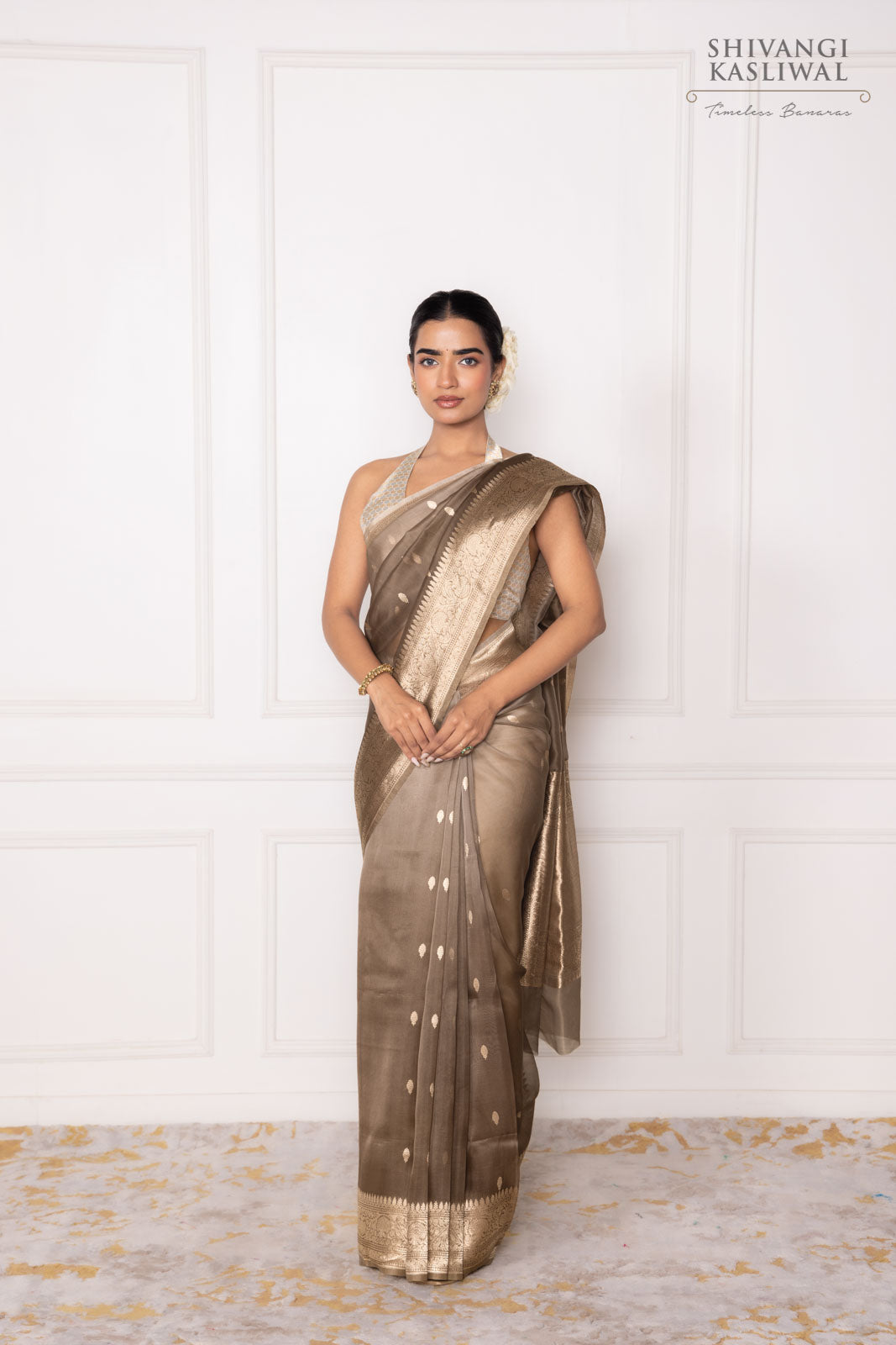 Shaded Grey Handwoven Banarasi Kadhua Organza Silk Saree