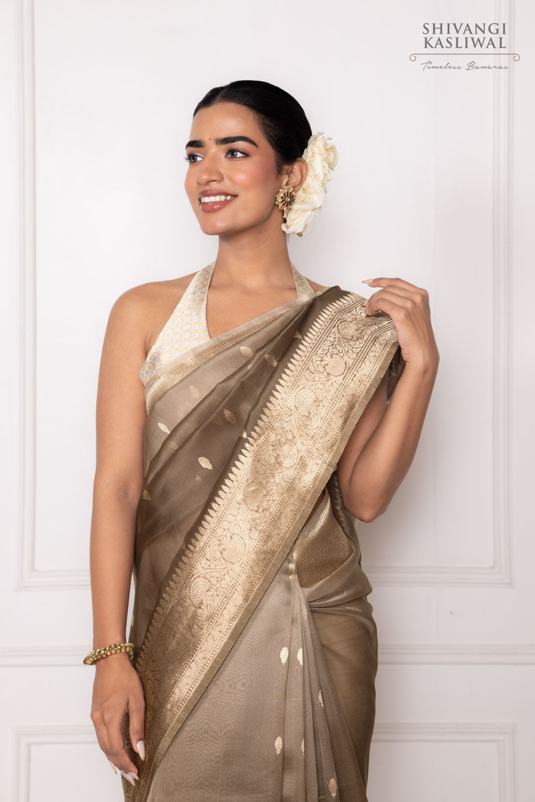 Shaded Grey Handwoven Banarasi Kadhua Organza Silk Saree