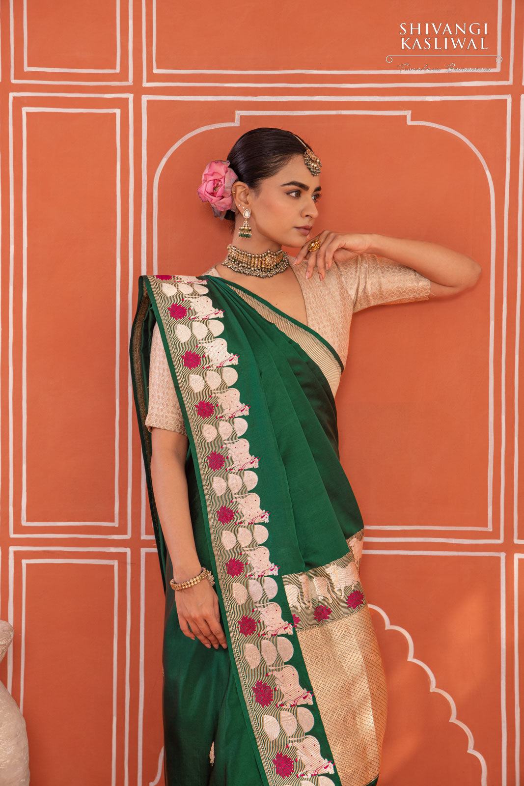 Bottle Green Handwoven Banarasi Kadhua Silk Saree